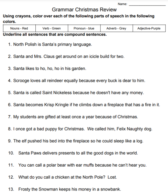 Grammar Christmas Review Worksheet Image