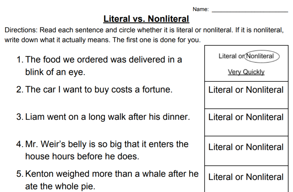 Literal vs. nonliteral figurative language 3rd grade worksheet