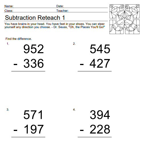 triple digit subtraction reteach worksheet