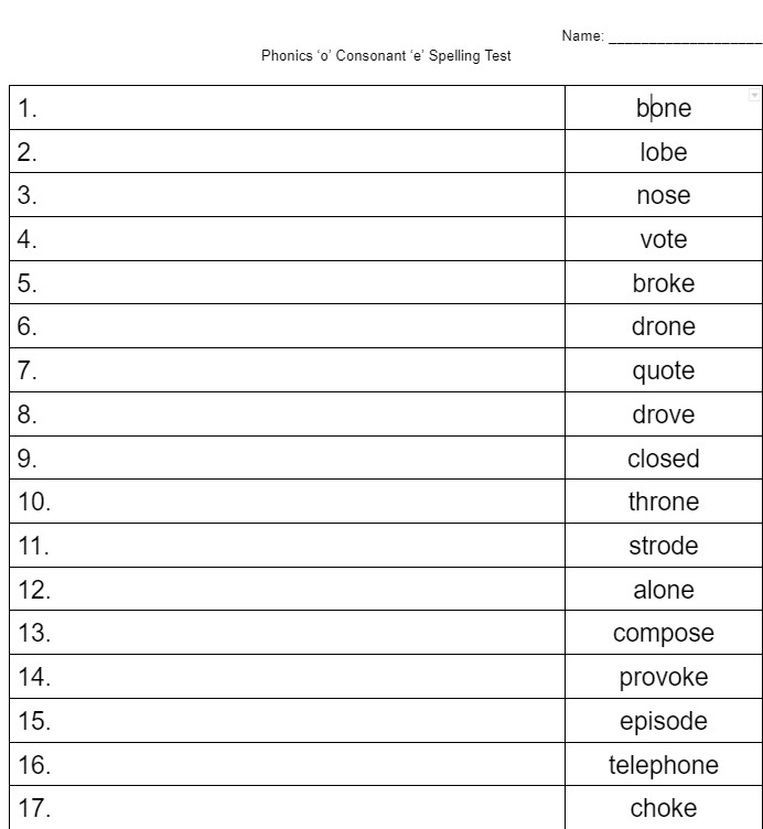 'o' consonant 'e' phonics pattern spelling test image