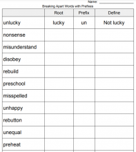 Breaking apart words with prefixes worksheet image