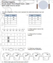 Find the patterns using input-output tables, number lines, multiplication tables, and images
