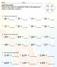 Rounding to the nearest 10s, 100s, 1000s, review worksheet image