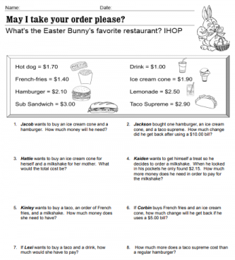order from a menu word problems for money image