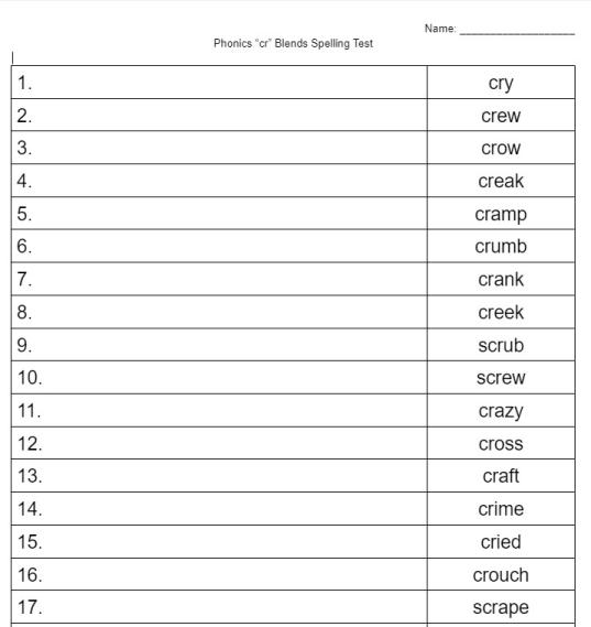cr blends spelling test worksheet