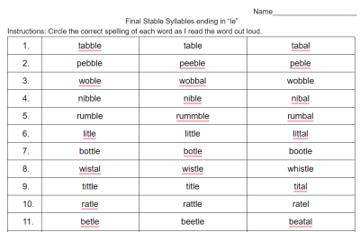 final stable syllables ending in "le" image phonics worksheet
