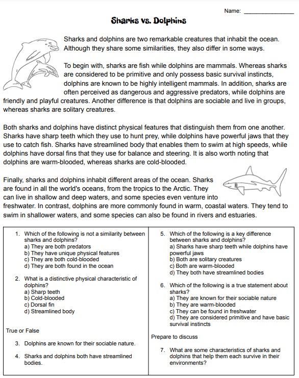 Comparing Animals passages and worksheet