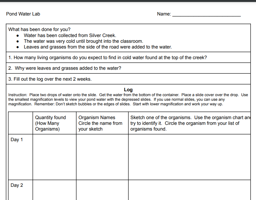 Pond Water Lab Worksheet Image