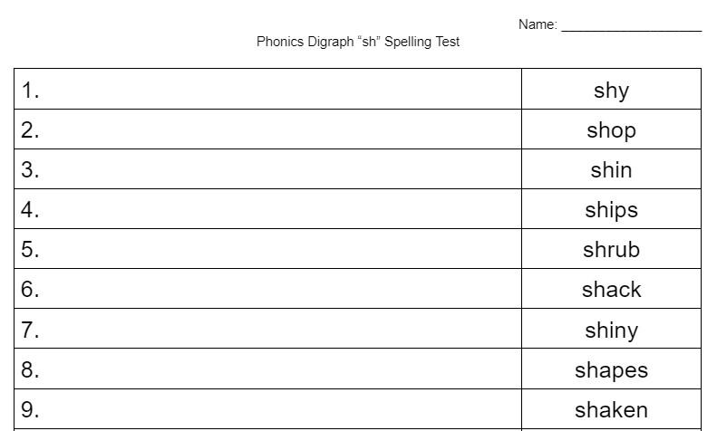 Digraph Tests Phonics Digraph 'sh' Spelling Test | EducationalResource