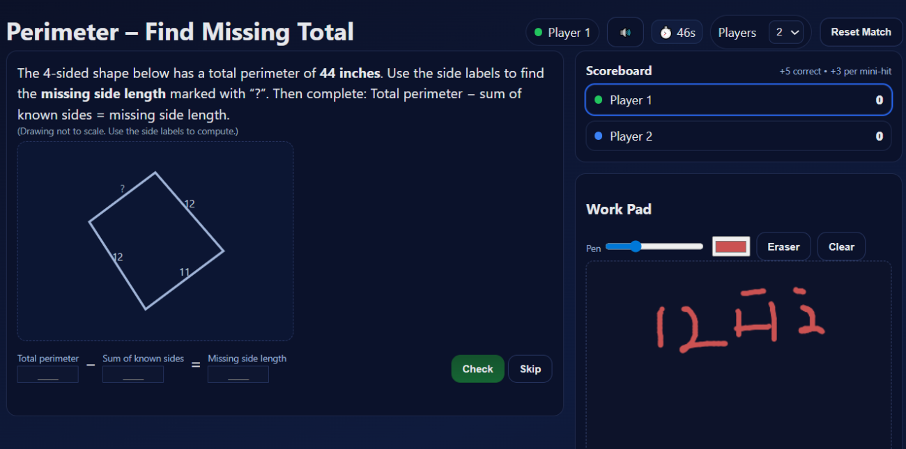 Perimeter: Find the Missing Side or Total Game | EducationalResource.org