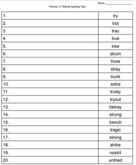 tr blend phonics spelling test worksheet