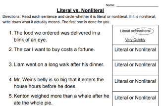 Literal vs. Nonliteral figurative language 3rd grade worksheet