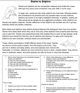Compare and Contrast Sharks and Dophins Reading Worksheet