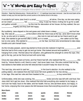 'o' - 'e' Spelling Pattern Phonics Cloze Reading Worksheet Image