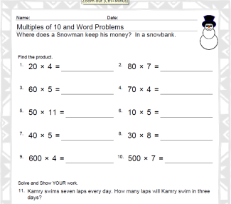 Multiples of 10 3rd Grade Math Worksheet
