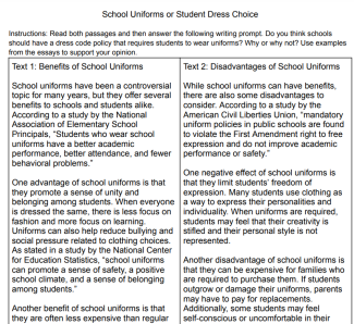 Two Passage Opinion Writing Prompt School Uniforms or Student Dress Choice