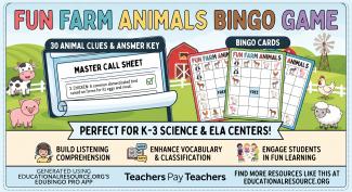 Farm Animals Colorful Bingo
