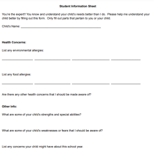 student information sheet