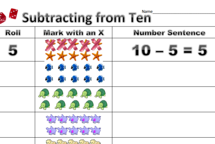 Subtracting from 10 Animal Style Worksheet