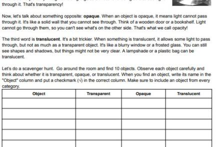 transparent opaque and translucent worksheet and activity image