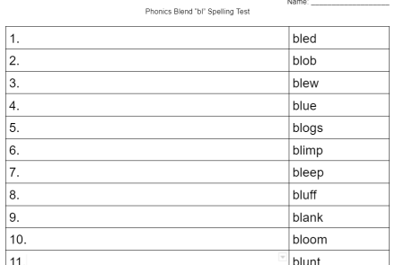 Phonics Blends "bl" Spelling Test