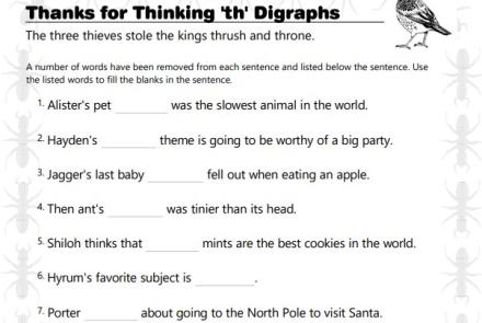 Thanks for Thinking 'th' Digraph Cloze Worksheet