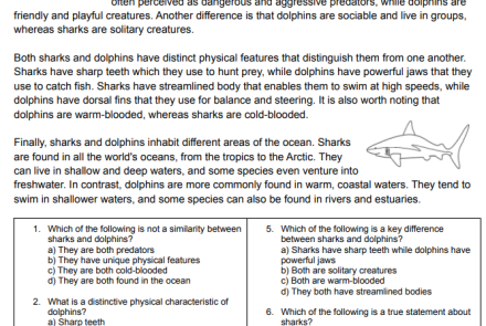 Compare and Contrast Sharks and Dophins Reading Worksheet