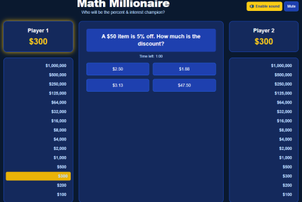 Percent and interest math game.
