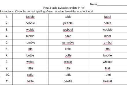Click here to access the Final Stable Syllable ending in -le Google Doc.