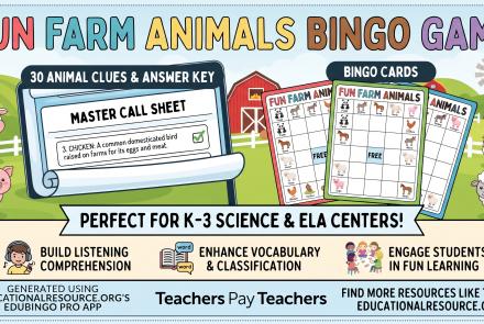 Farm Animals Colorful Bingo